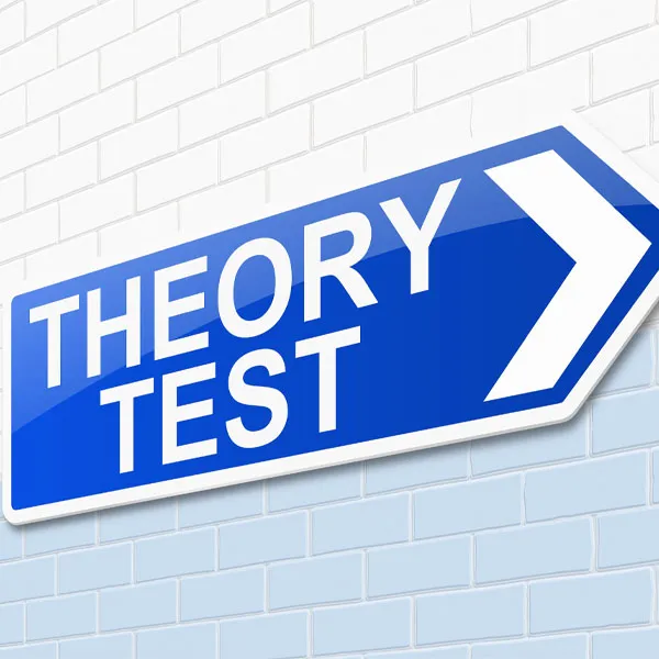 Blue directional sign pointing towards a theory test