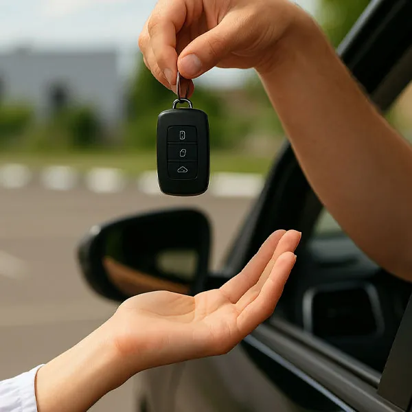 Instructor handing over car keys to learner driver